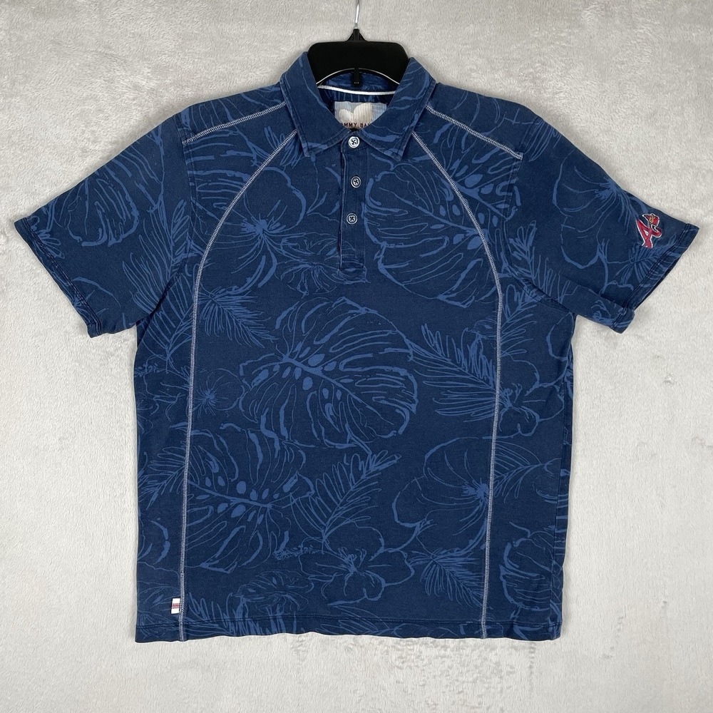 Tommy Bahama Polo Shirt Mens Medium Blue Floral Atlanta Braves Baseball MLB